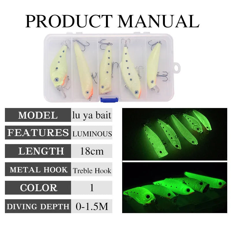 Set of five 3D fluorescent simulation hard bait fishing lures with luminous elements
