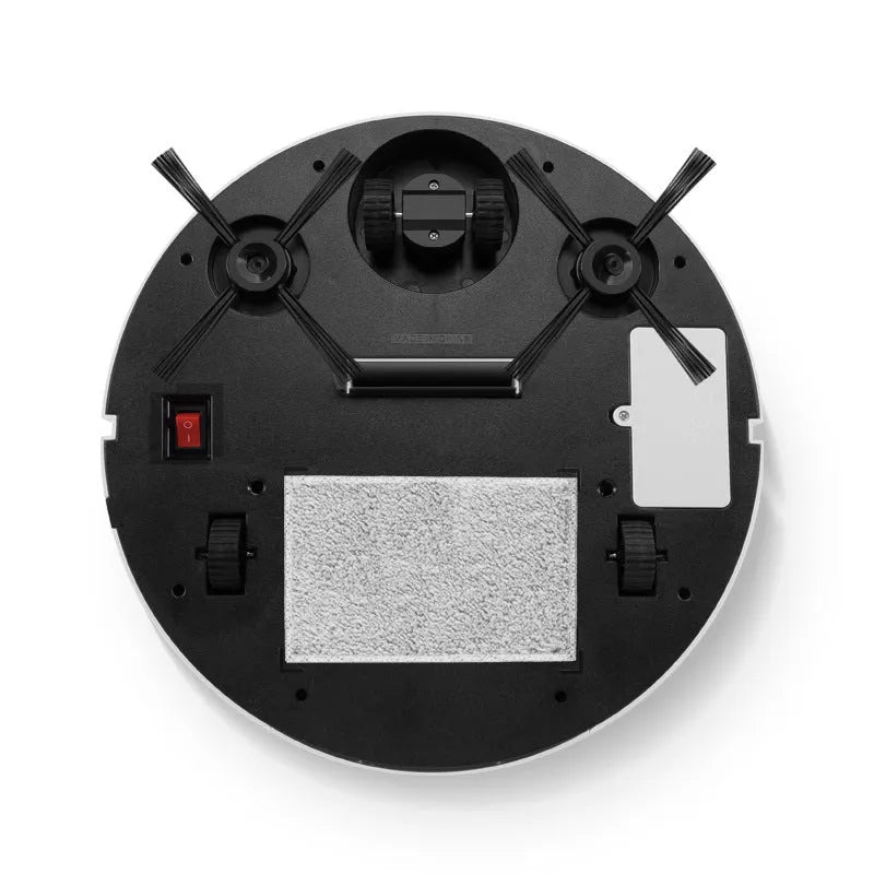 White automatic robotic floor sweeper with one-touch button on a hard floor.
