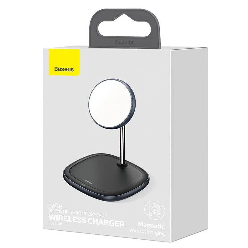 Swan magnetic desktop stand wireless charger in black colour charging an iPhone