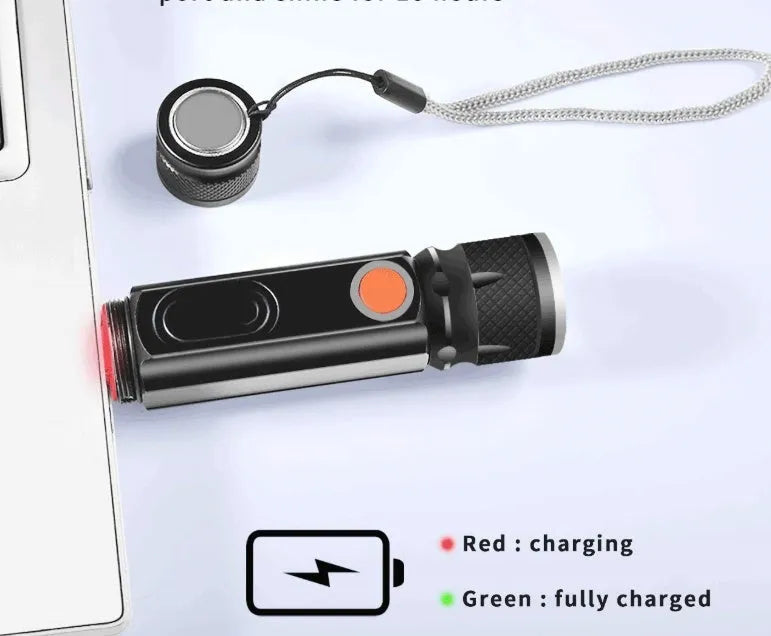 Black aluminium alloy multifunctional LED flashlight with T6+COB light source, magnet base, and rechargeable 18650 battery