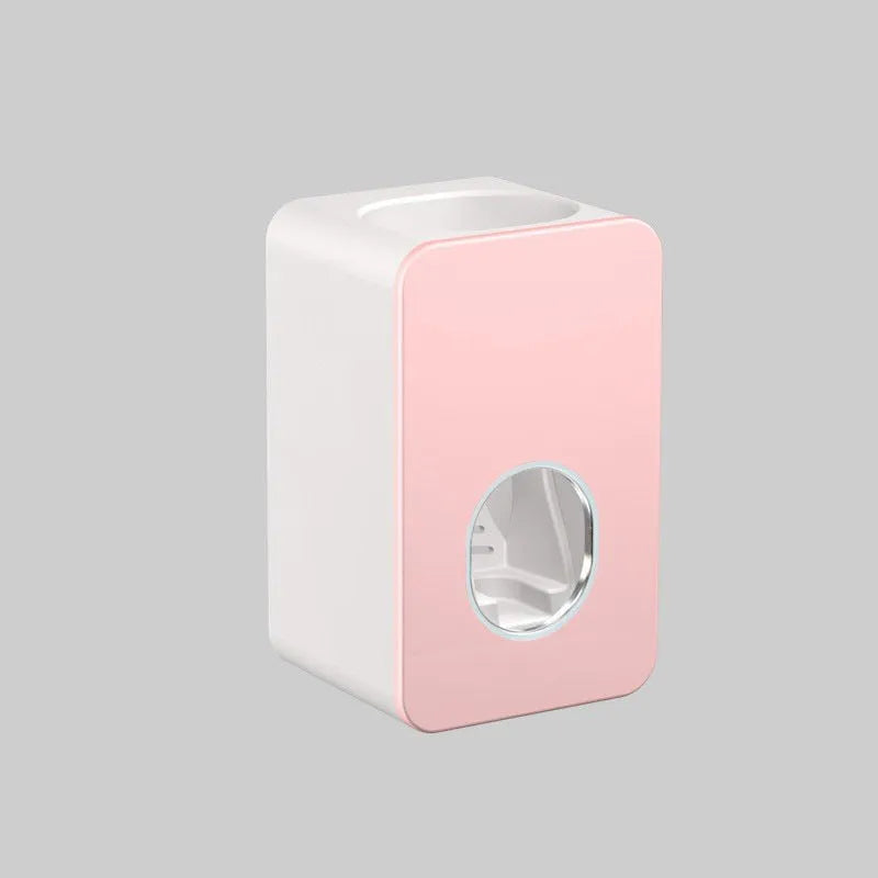 Wall-mounted automatic toothpaste dispenser with punch-free fixing, shown in black, grey, pink, green and white options