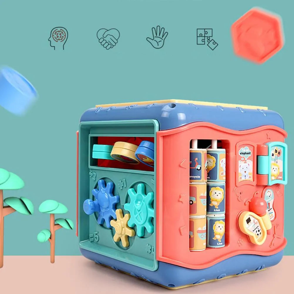 Colourful ABS plastic baby educational cube with bead maze, gears, and shape sorting games on each side.