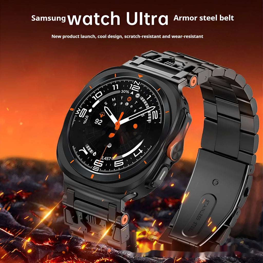 Samsung metal watch strap with three steel band armour design in Black, Starlight, or Silver