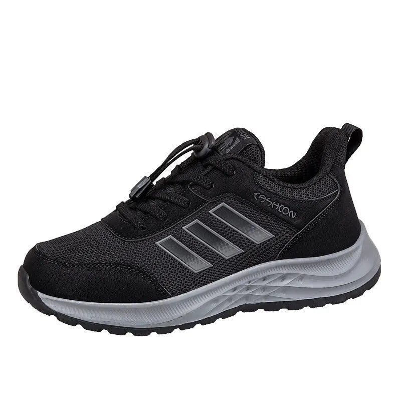 Men's and women's casual mesh slip-on shoes with an elastic band in black, purple, red, and dark grey.