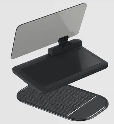 Grey universal smartphone holder with organic glass panel for car navigation display projection