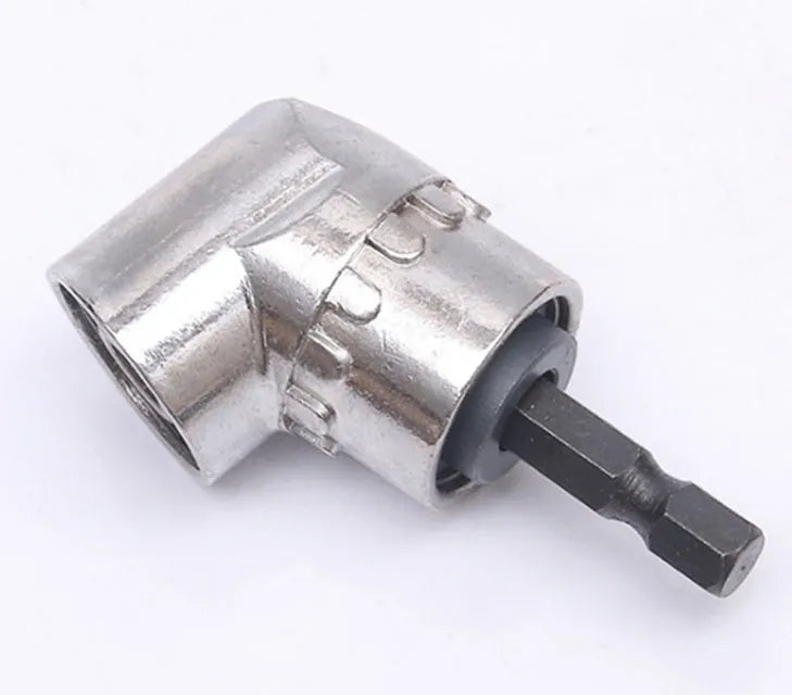 Silver flexible shaft screwdriver adapter with 105-degree angled head for electric drills