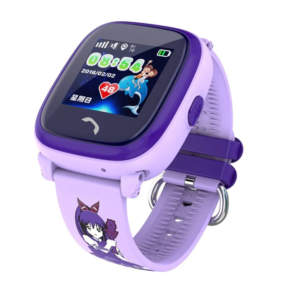 DF25 blue children's waterproof smart watch with touch screen and silicone strap showing location tracking interface
