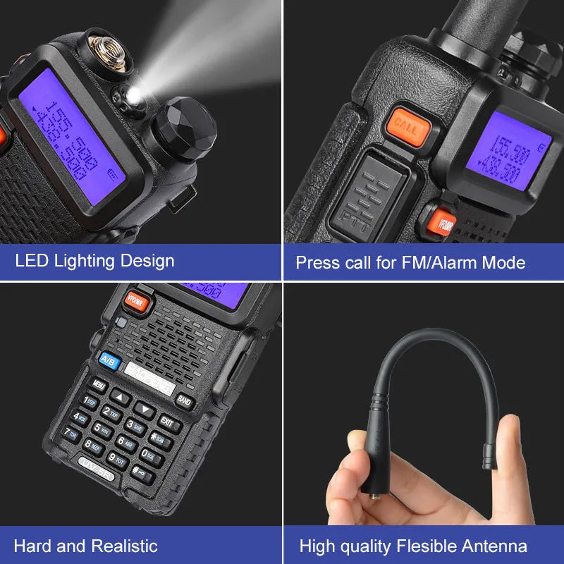 Professional dual-band walkie talkie showing VHF UHF frequency ranges and 128-channel display