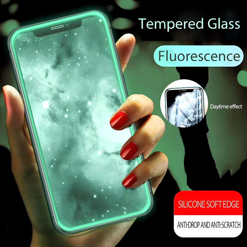 Luminous full cover tempered glass screen protector for iPhone glowing in dark with anti-scratch features.