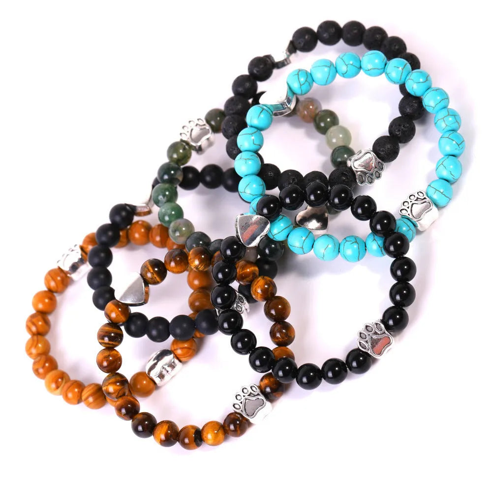 Polished tigereye and Indian agate bracelet with a geometric dog's paw design and love heart charm.