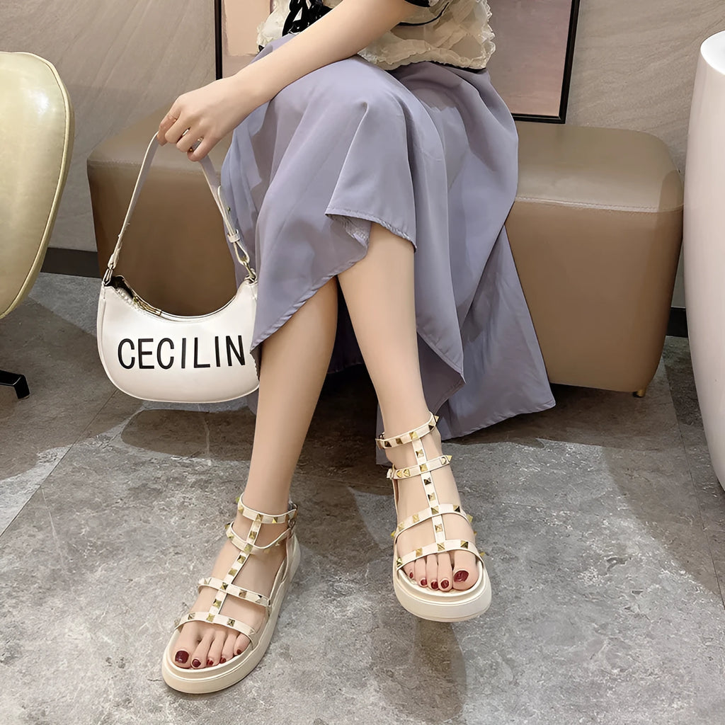Beige Fairy Style Roman sandals for women with round toe, rivet platform, and ankle buckle closure.