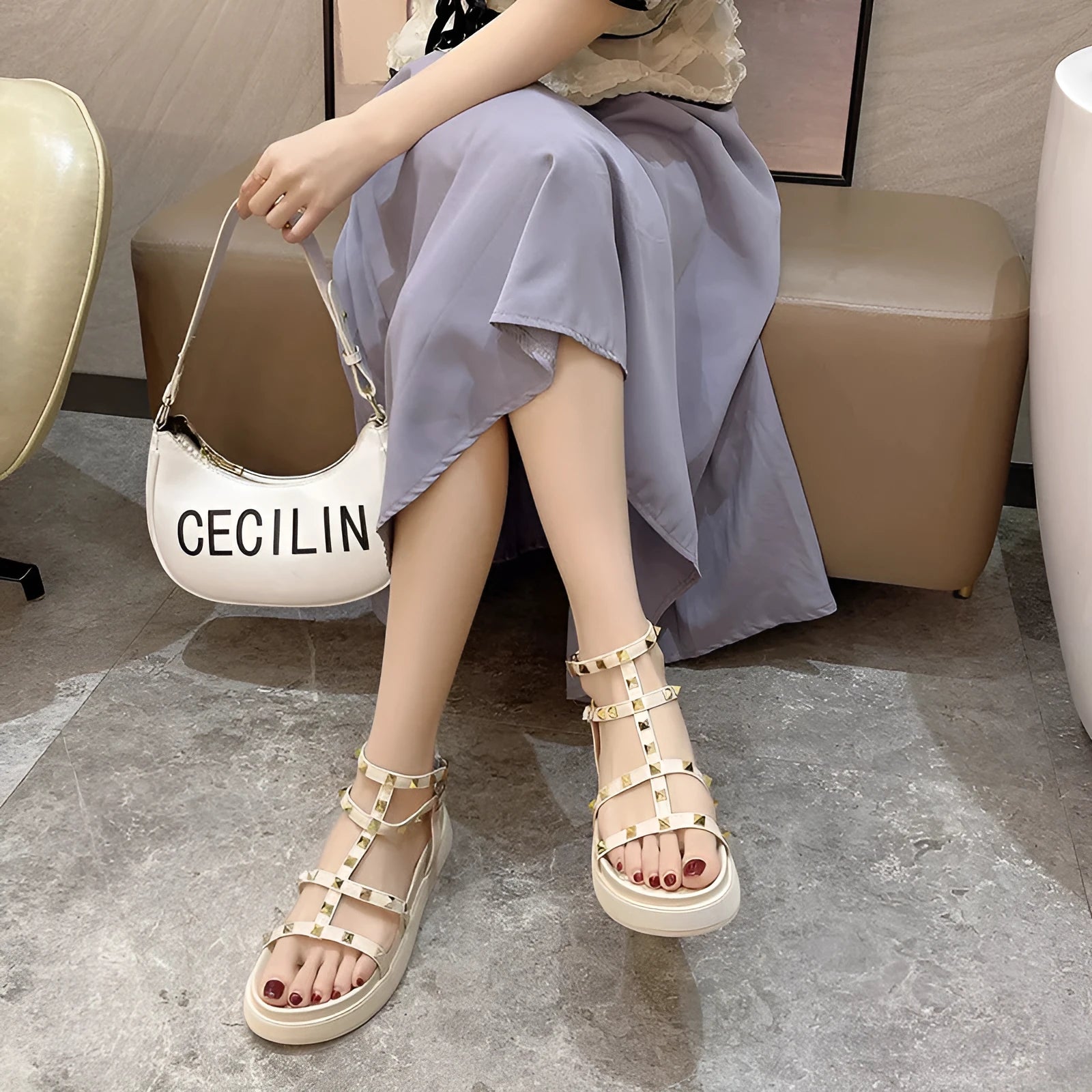 Beige Fairy Style Roman sandals for women with round toe, rivet platform, and ankle buckle closure.