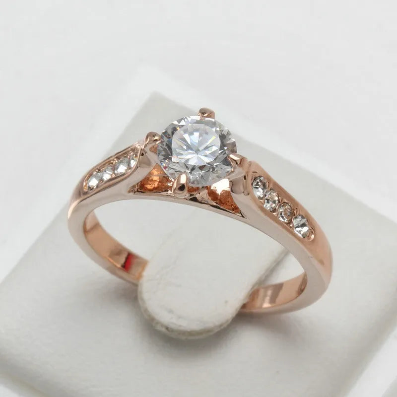 Rose gold plated engagement ring with 3mm zircon stone and copper band, hand polished