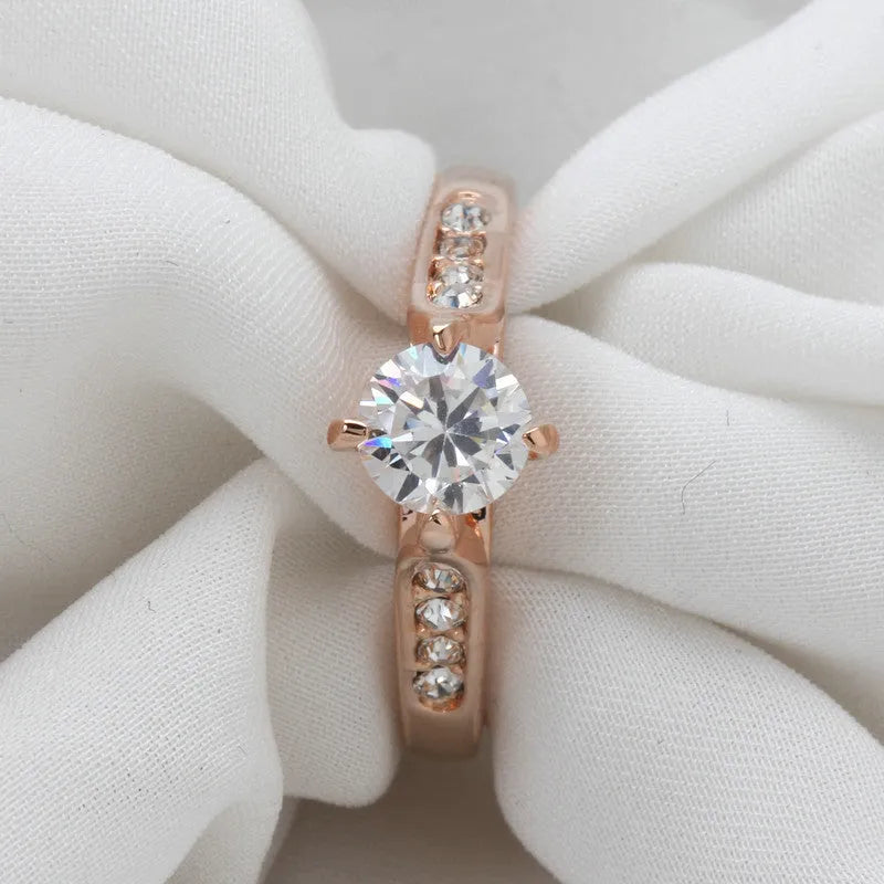 Rose gold plated engagement ring with 3mm zircon stone and copper band, hand polished