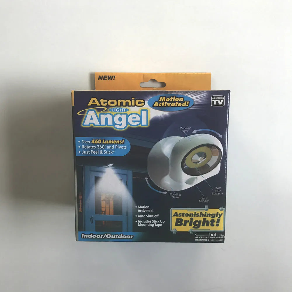 White atomic angel induction light with ABS plastic housing measuring 13.3cm by 9.8cm by 15.8cm