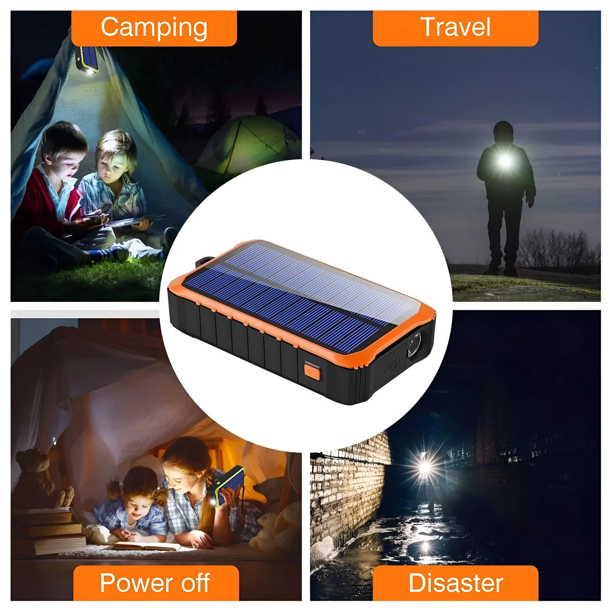 Orange and green hand solar power bank with solar panel, hand crank, dual USB ports, and LED light.