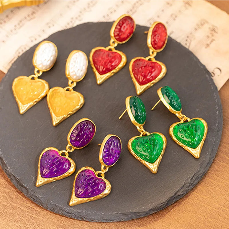 Silver pleated heart-shaped alloy stud earrings in multiple colour options
