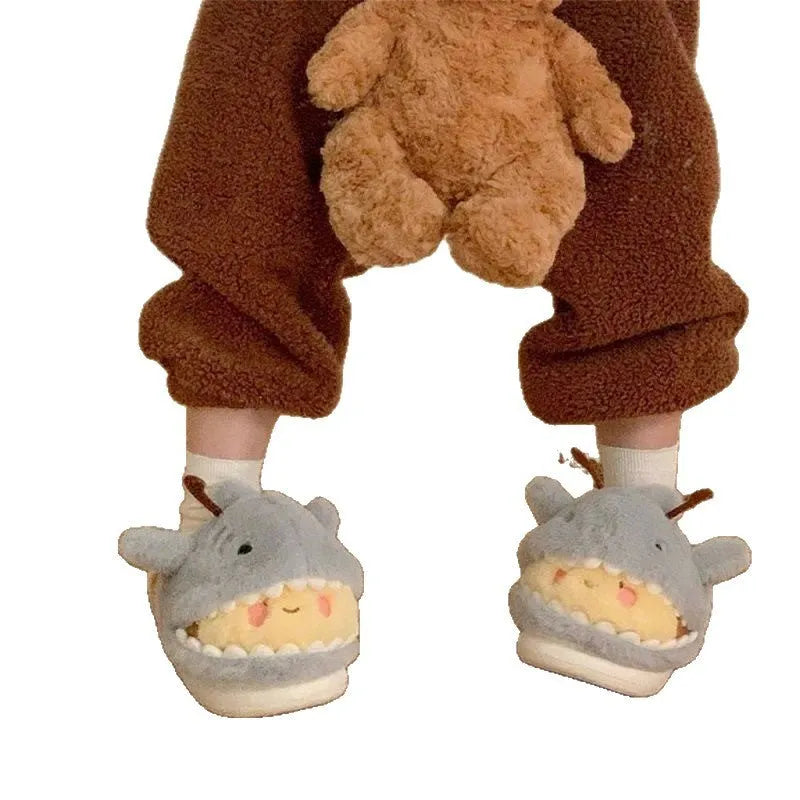 Yellow gray shark and bee cotton slippers for men and women with artificial plush upper, EVA sole, and bag heel for winter home use