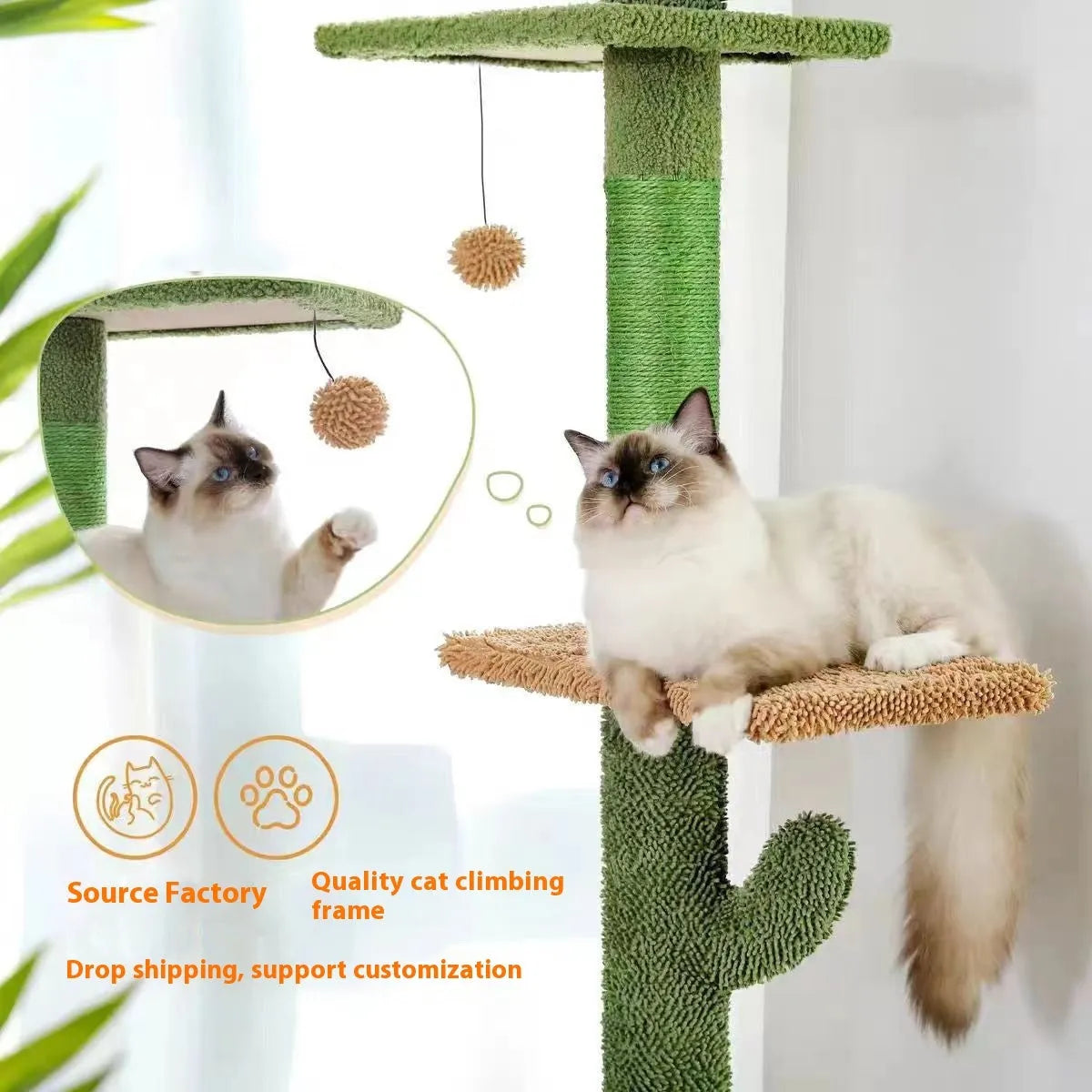 Cactus-themed cat climbing frame with integrated nest and scratch board, solid wood and density plate construction.