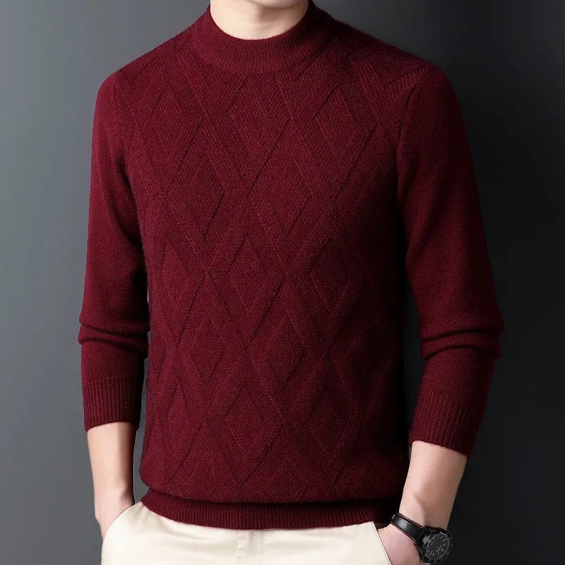 Men's thick wool winter sweater in diamond jacquard pattern with pullover design