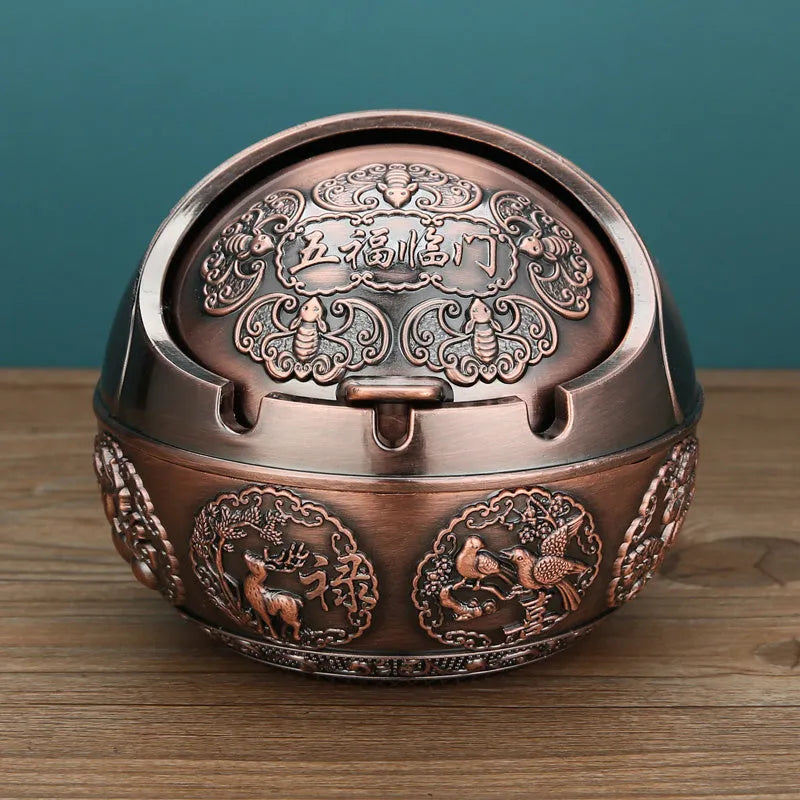 Bronze decorative ashtray with smoke extinguishing slot featuring traditional dragon design
