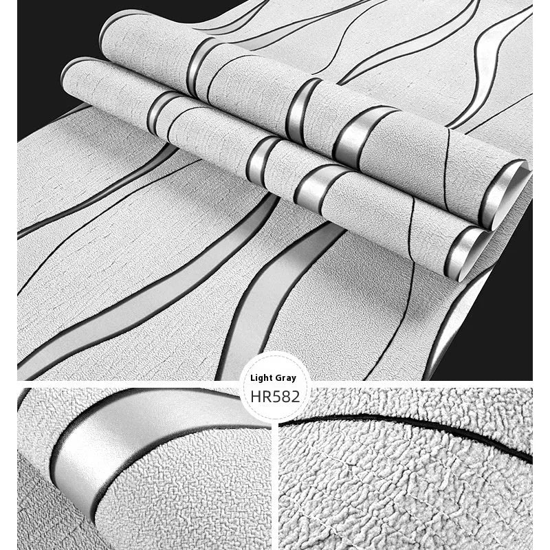 Curve stripe pattern 3D decorative wallpaper roll with velvet texture in light grey and dark brown colours.