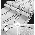 Curve stripe pattern 3D decorative wallpaper roll with velvet texture in light grey and dark brown colours.