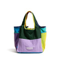Foldable polyester tote bag in orange, green, or purple with crossbody option