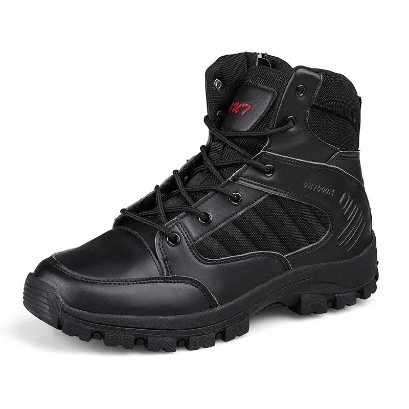 Men's high-top hiking shoes in black camouflage with artificial PU upper and metal hardware.