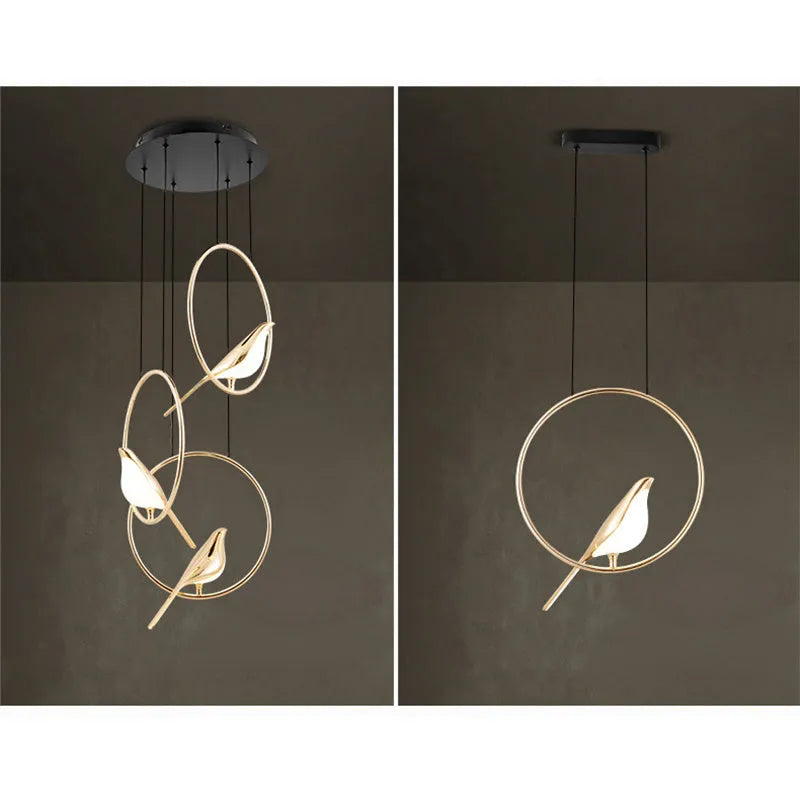 Modern minimalist magpie bird chandelier light fitting in zinc alloy and acrylic
