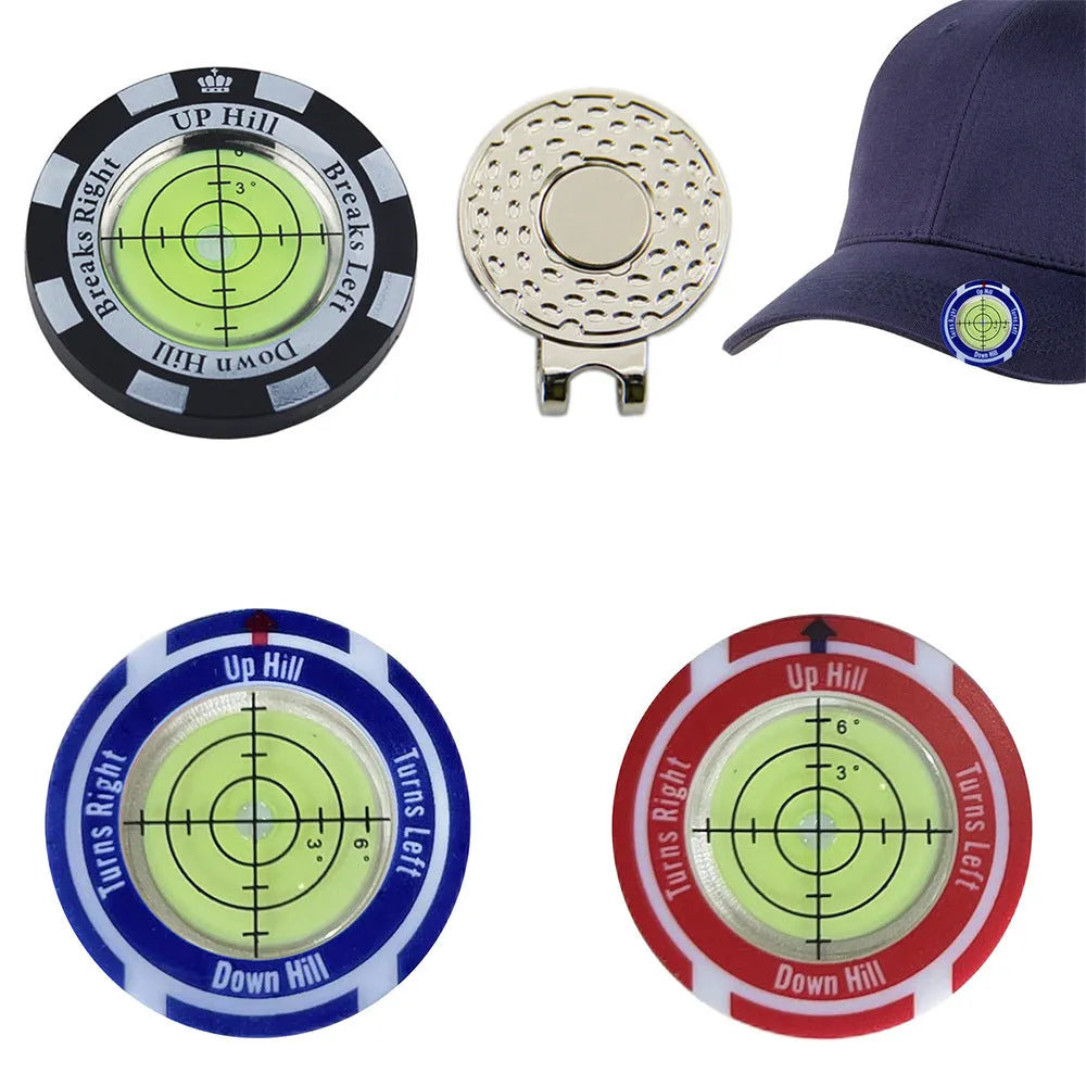 Golf level hat clip with green water display attached to golf hat brim