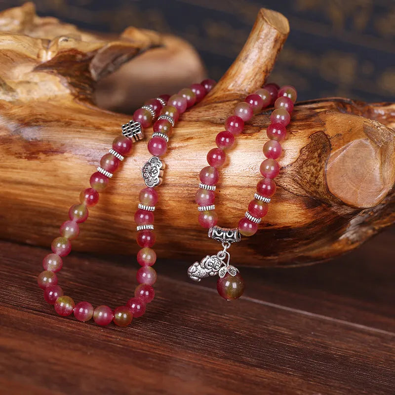 Watermelon crystal bracelet with Chinese knot closure in national style geometry shape