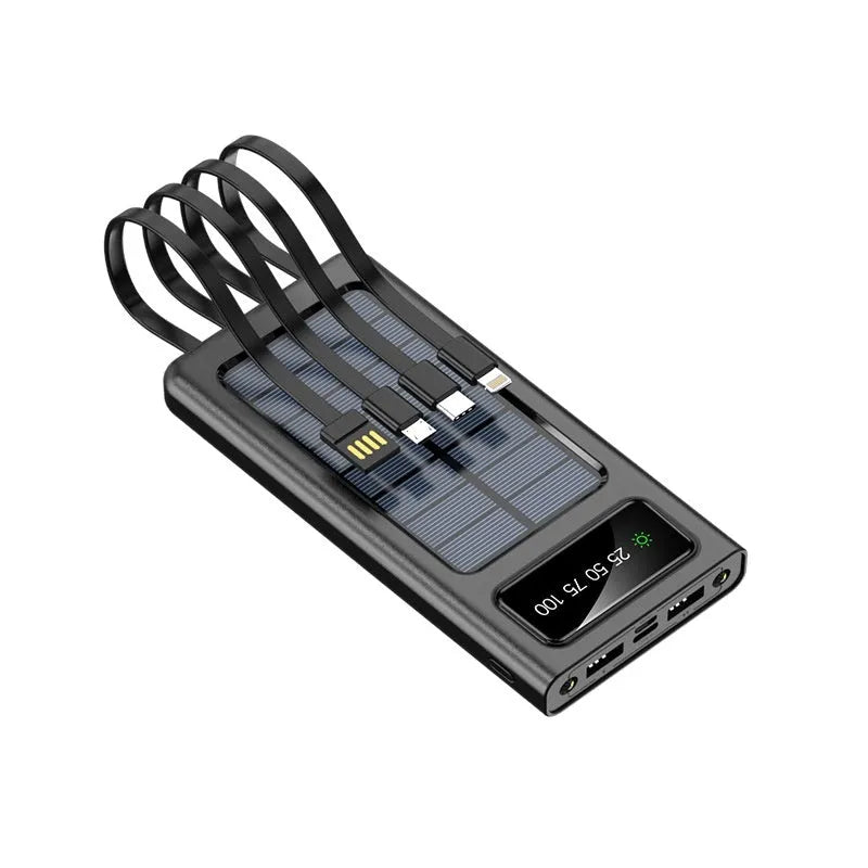 Solar power bank with cable showing 20000mAh capacity and compact plastic design