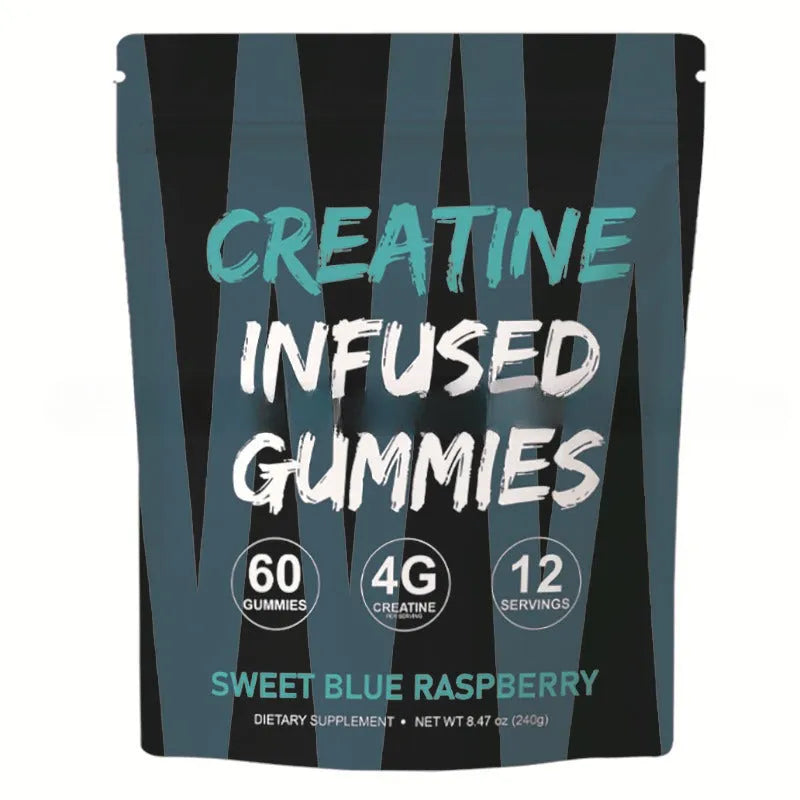 Creatine monohydrate gummy supplement, 60 pieces, one bag with label, room temperature storage