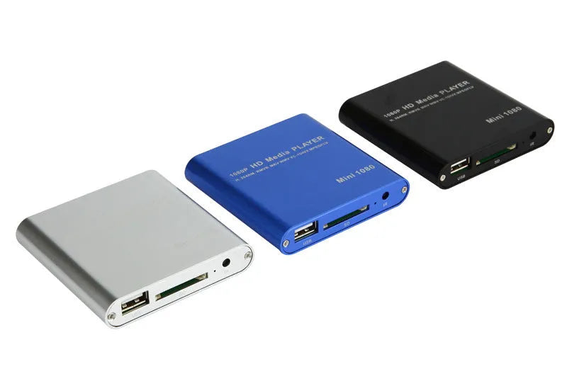 Blue and black 1080p HDMI media player for SD cards, USB drives, and external hard drives