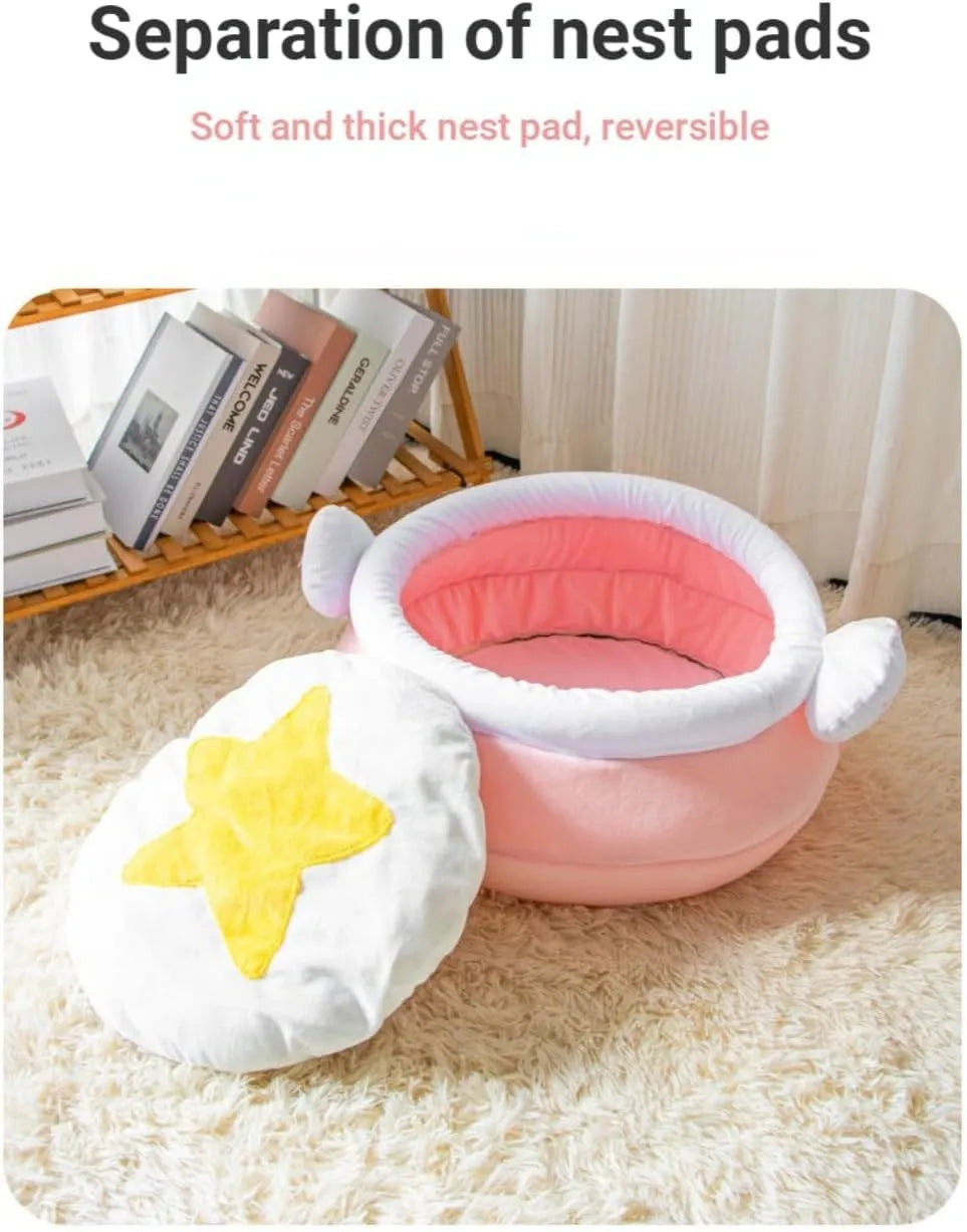 Honey pot shaped cat sofa bed with magic wand design in soft fabric, showing removable nest pad.