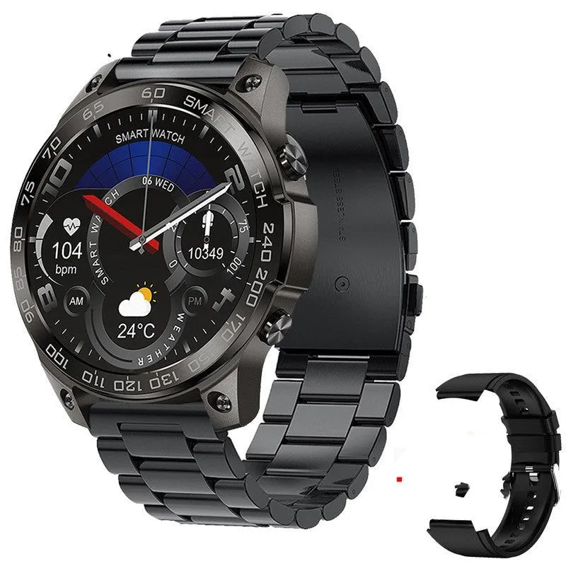 Round Bluetooth smartwatch with AMOLED screen on a silicone strap, showing fitness stats.
