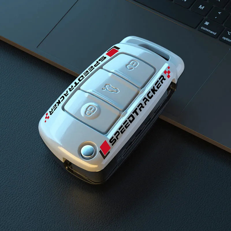 White car key cover body with carbon fibre style pattern and mirror finish made of feilin material