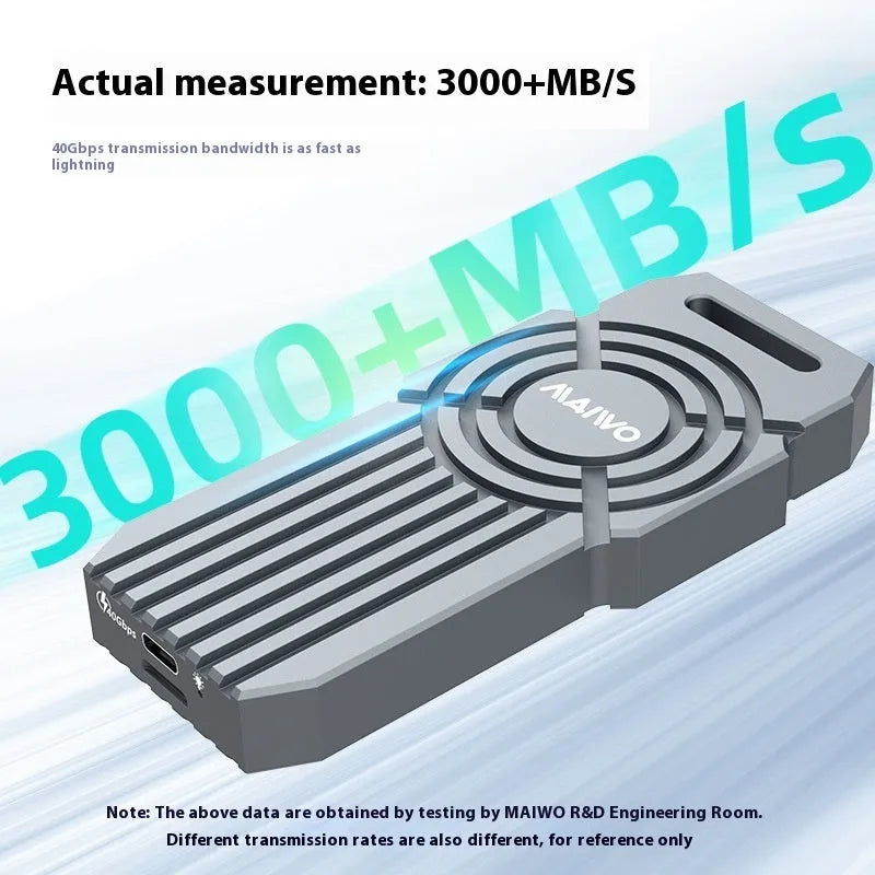 Silver USB4 external hard drive enclosure for NVMe M2 solid state drives, showing compact aluminium body.