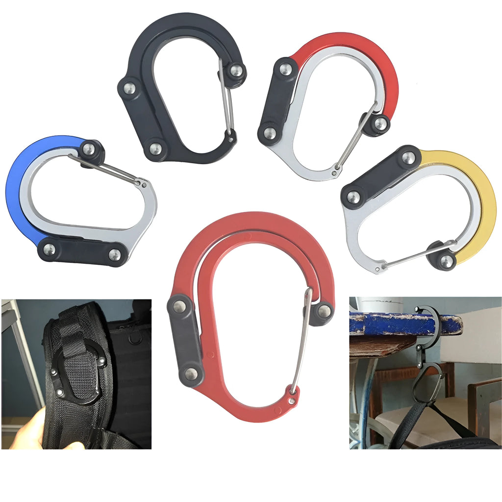 Hybrid gear clip carabiner with rotating foldable hook in black, blue, golden, and red