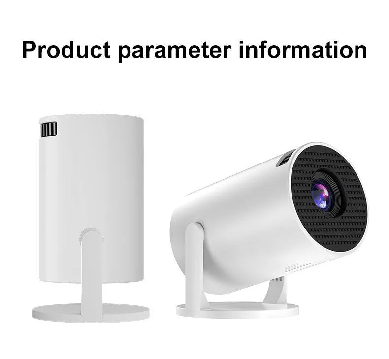 White mini wireless portable HD projector with power plugs for EU, UK and US regions.