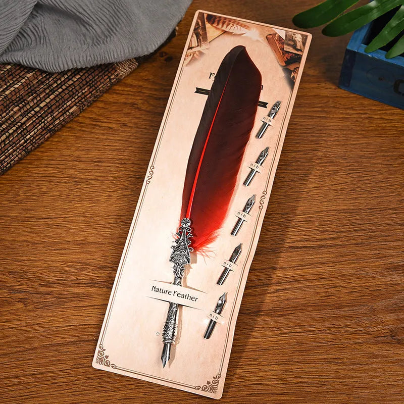 Vintage feather dip pen in multiple colours with zinc alloy construction measuring 30 cm length