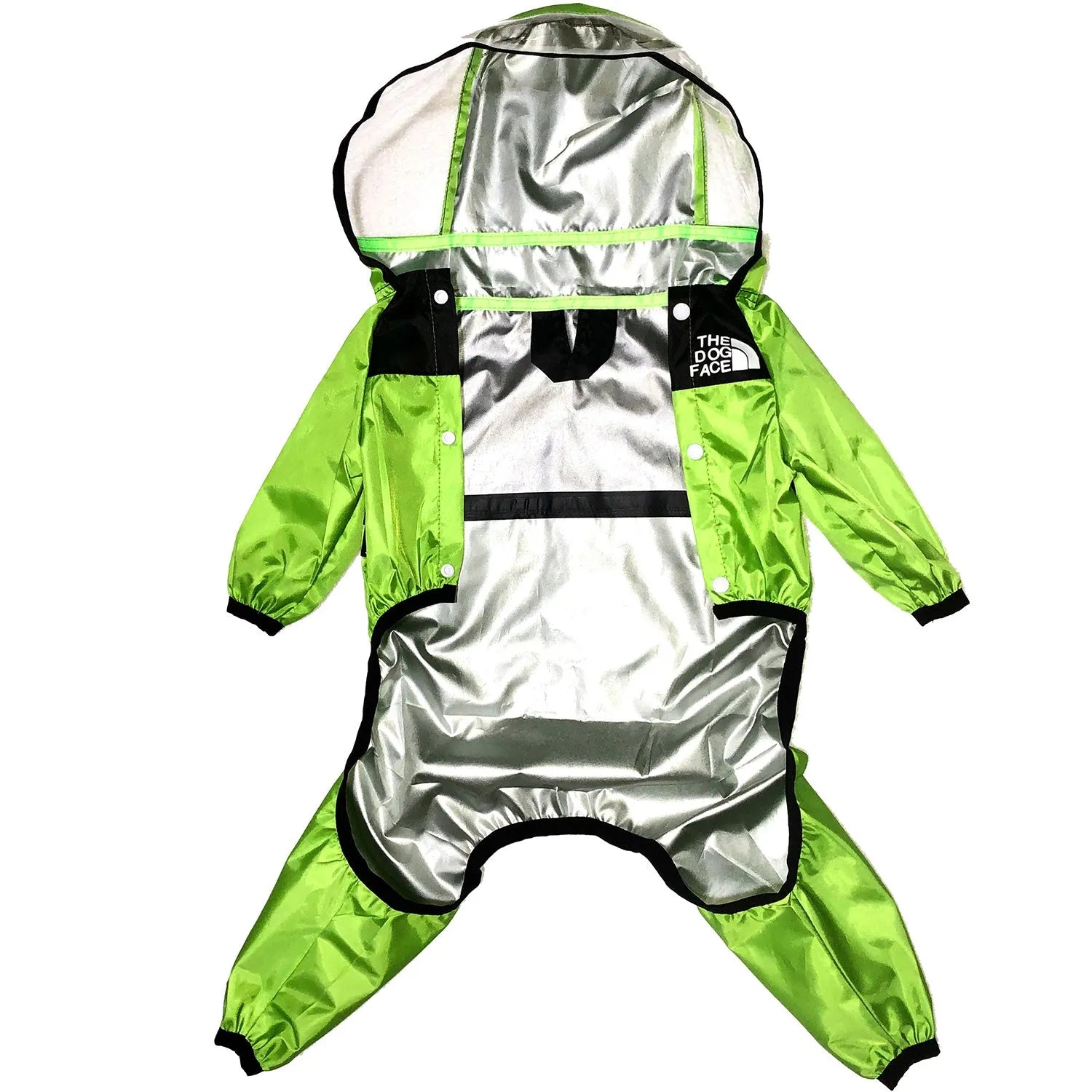 Green long-legged dog rain poncho with transparent brim on a dog