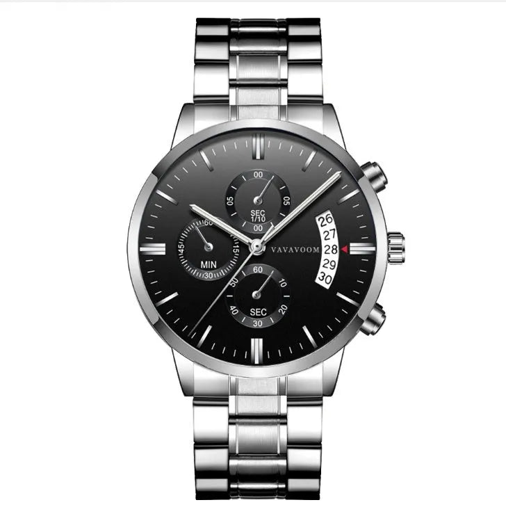 Men's stainless steel quartz watch with round dial, calendar display, and butterfly clasp