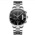 Men's stainless steel quartz watch with round dial, calendar display, and butterfly clasp