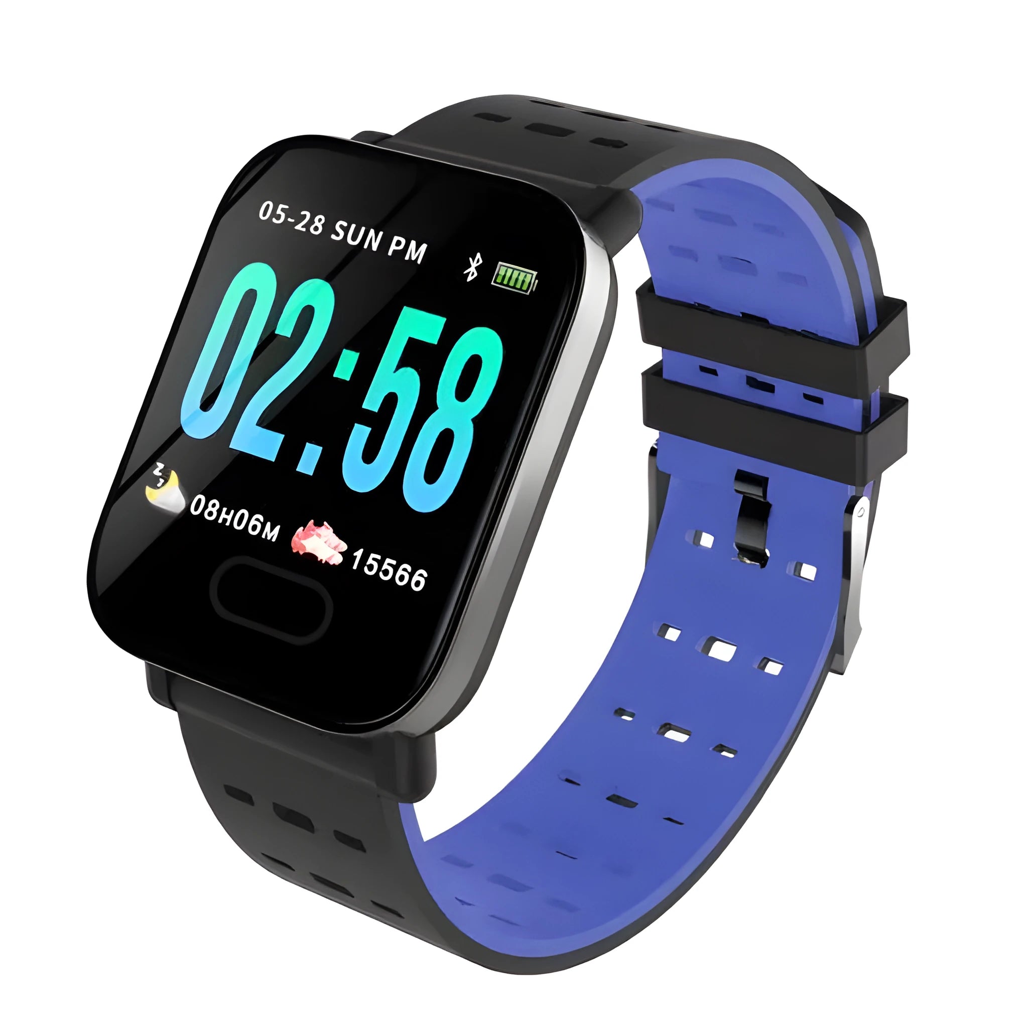 A6 smart bracelet with 1.3-inch colour screen in blue, black, or orange with silicone strap and zinc alloy construction