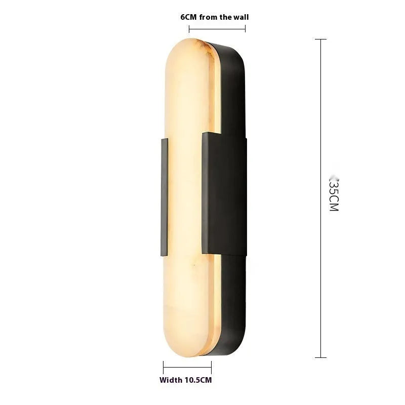 Modern natural marble stone wall lamp with iron body, LED warm light, black or gold, Style B 35cm