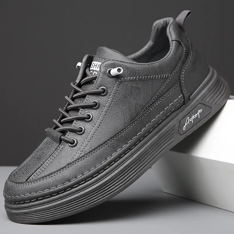 Men's British style casual shoes in black, gray, or khaki with PU upper, rubber sole, and elastic band slip-on design