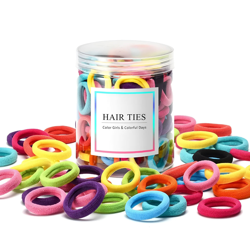 100 multicolour seamless cotton baby hair ties in small jar packaging for toddler hairstyling