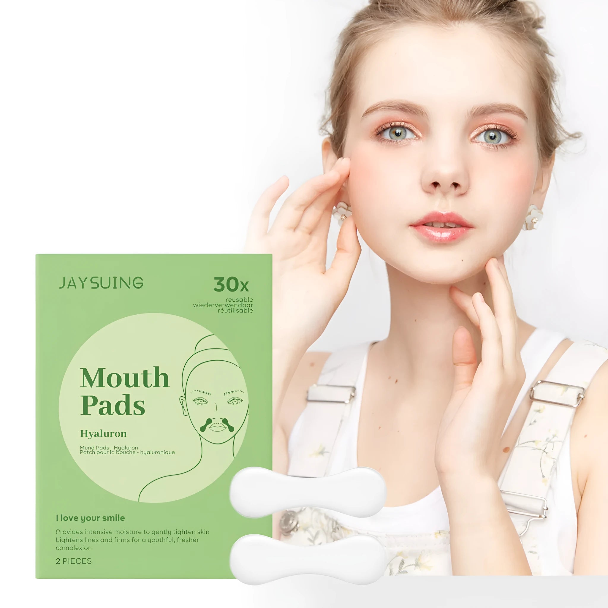 Two facial skin firming patches in hydrogel form with hyaluronic acid and collagen ingredients